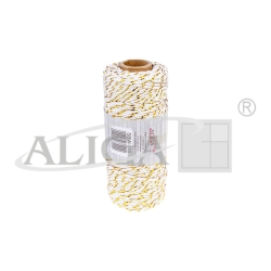 Sznurek bawełniany SBW-118 biały ze złotą nitką, 3mm /100m / splot 21 nitek / włosy aniołka , makrama